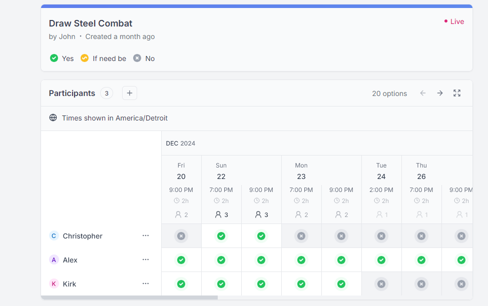 Screenshot of a Rallly poll. Titled "draw steel combat" there is a grid of dates and participants, with green checkmarks signifying who is available for each time slot.